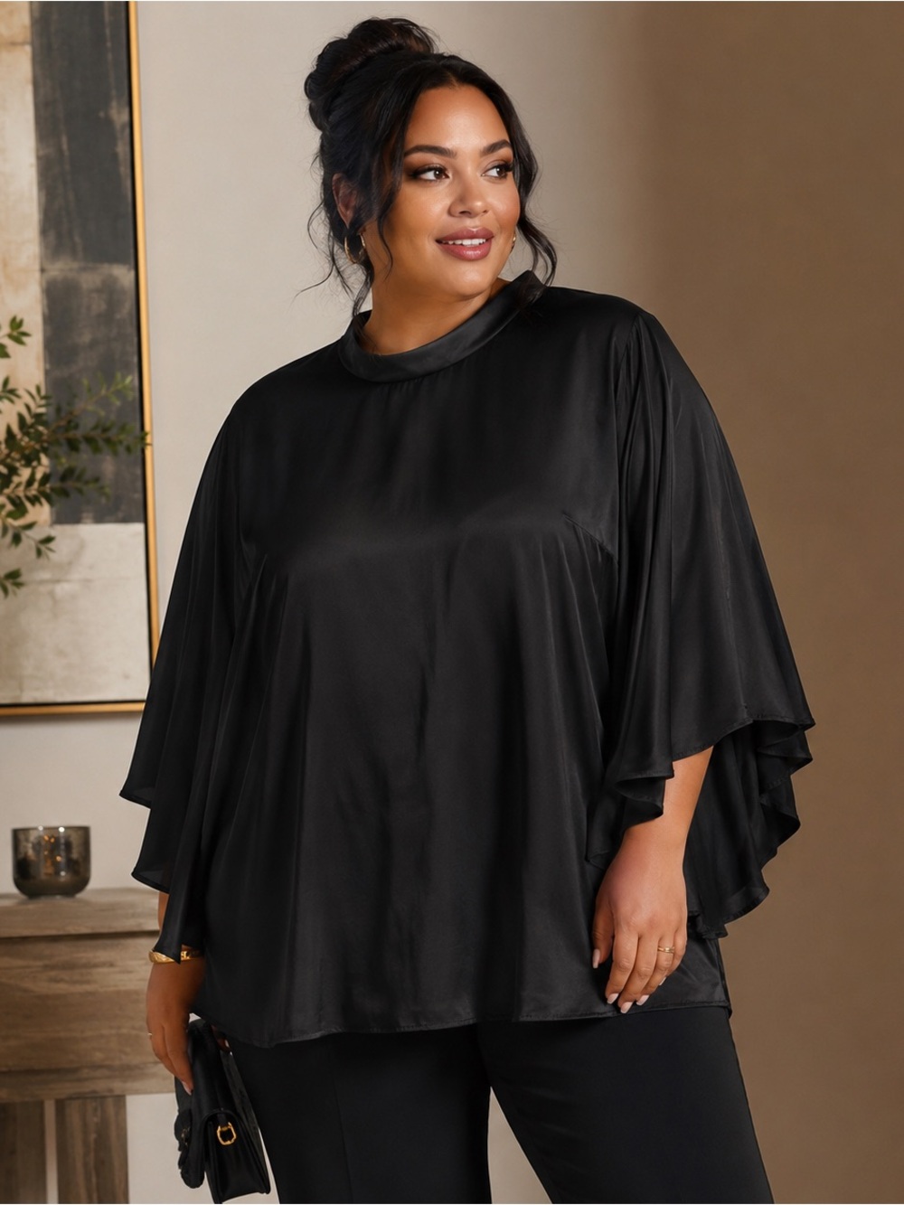 Lane Bryant Size 20 Black 100% Viscose Blouse Batwing Flutter Sleeve Plus Goth